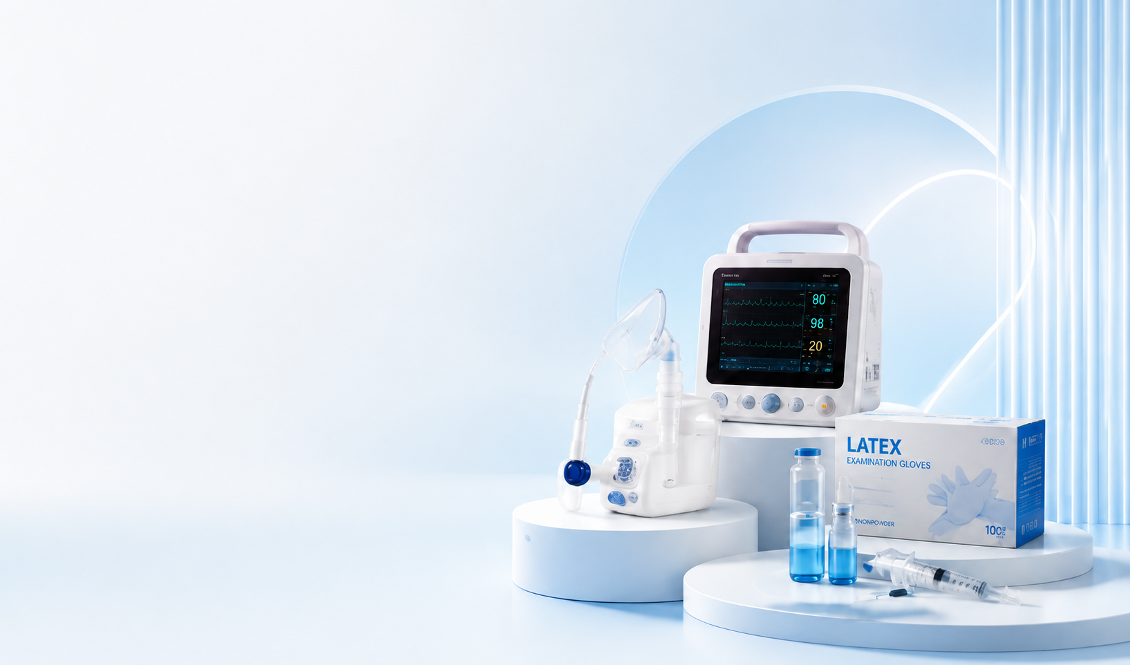 Thiết bị y tế MedQuip: máy theo dõi bệnh nhân, máy khí dung, găng tay Latex và bơm kim tiêm