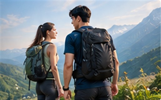 Cặp đôi đeo balo leo núi ngắm cảnh