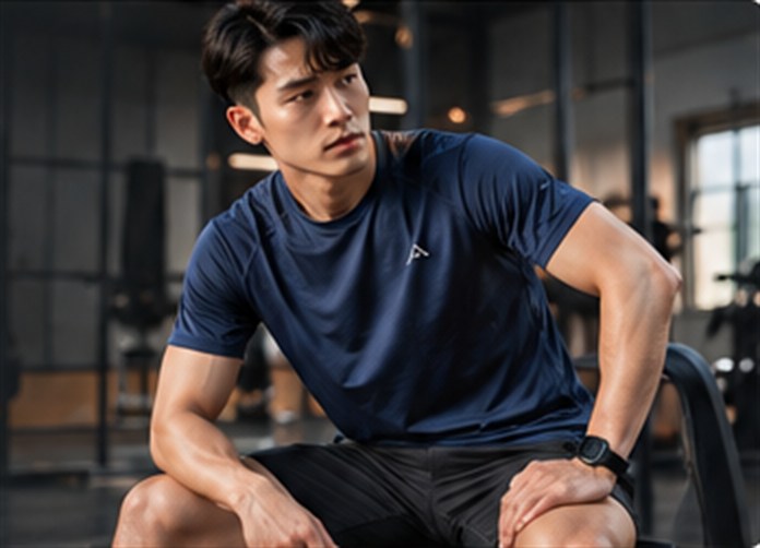 Vận động viên nam mặc áo thun MoveDry xanh navy trong phòng tập