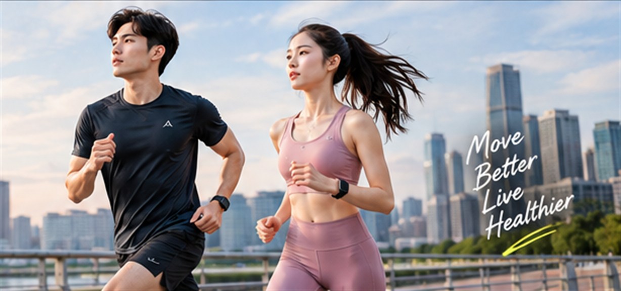 Đôi nam nữ chạy bộ ven sông trong trang phục thể thao MoveOn – Move Better, Live Healthier