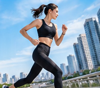 Nữ vận động viên chạy bộ với bộ đồ tập màu đen